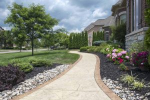 home with landscaped walkway