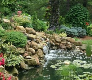 backyard landscape with waterfall