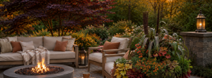 fall gardening image with japanese maple, mums, and ornamental grasses