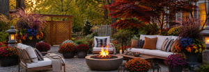 beautiful garden with japanese maple, mums, grasses, and plants in Cincinnati, ohio