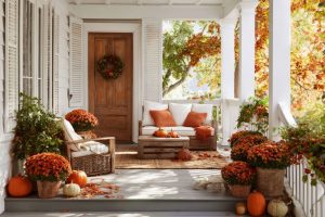fall mums in front porch in Mason, Ohio