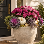 Mixed fall container featuring mums, grasses and colorful foliage