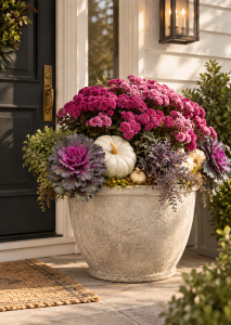 Mixed fall container featuring mums, grasses and colorful foliage