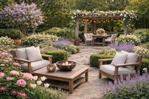 Spring Garden with spring blooming trees,shrubs, and perennials