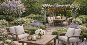 Beautiful spring garden filled with blooming trees, perennials, and shrubs