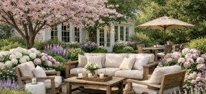 Spring backyard garden designed with Natorp’s Nursery Outlet plants, featuring pale pink hydrangeas, layered perennials, a flowering tree, and a cozy outdoor seating area.